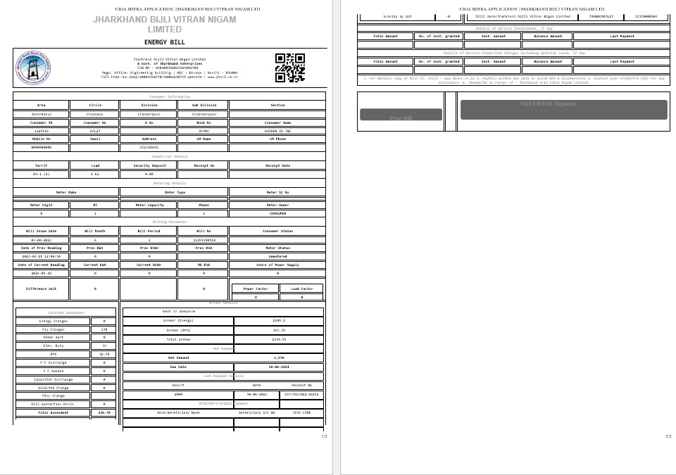 INDIA JHARKHAND BIJLI VITRAN NIGAM LTD. business utility bill Word and PDF template PSD template